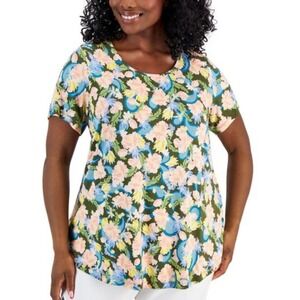 JM Collection Women's 2X Floral Print Scoop Neck Short Sleeve Tunic Top